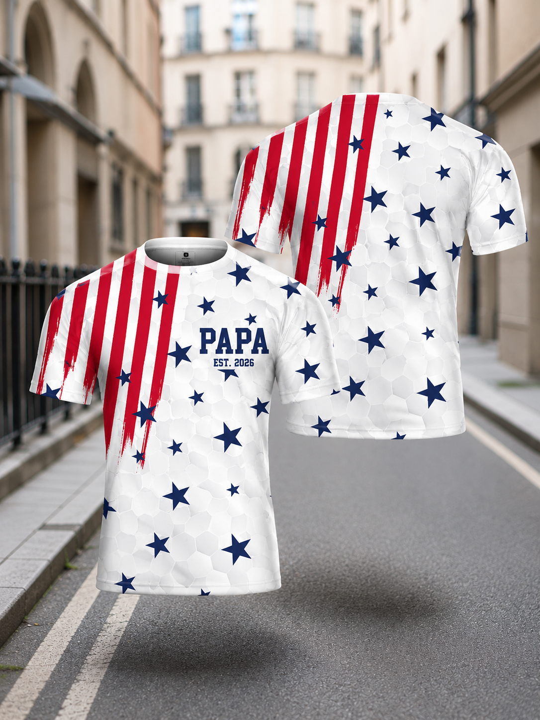 Papa Est 2026 Fathers Day Patriotic Star Stripe T-Shirt, Soft Navy Cotton Short Sleeve Tee, Fourth of July American Flag Daddy Gift