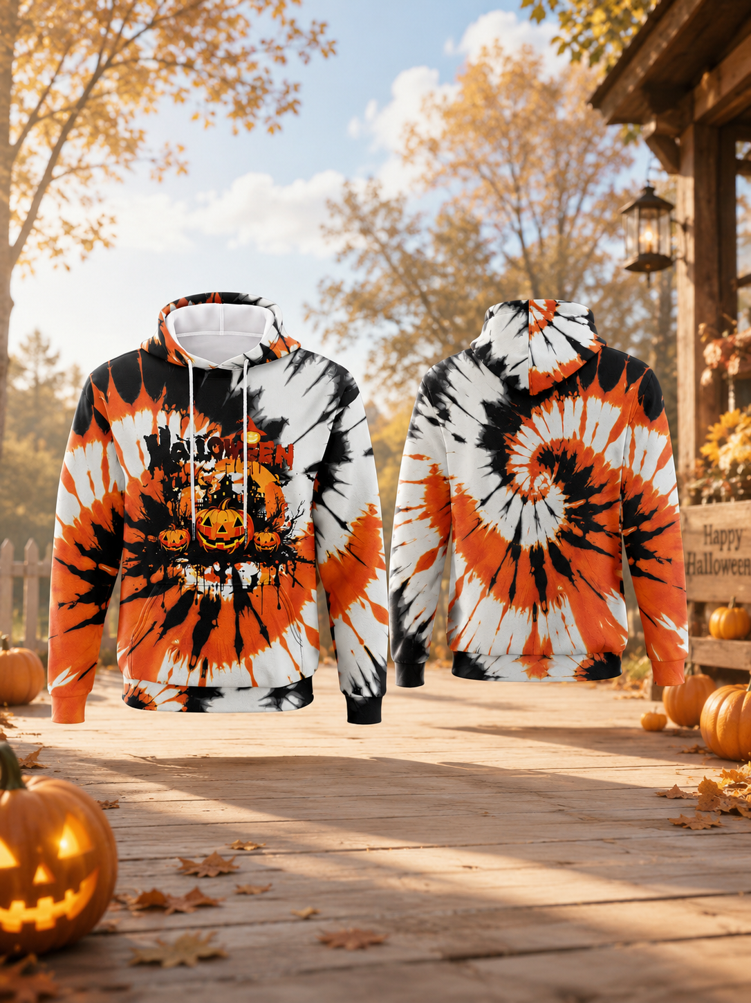 Halloween Tie Dye Hoodie Soft Lightweight Long Sleeve Sweatshirt for Fall Seasonal Casual Wear Multicolor