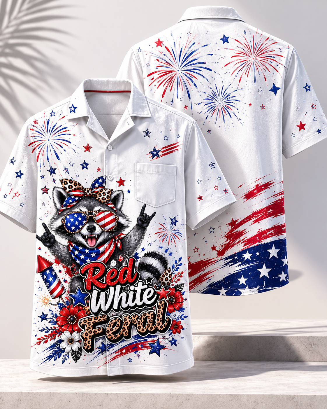 Cute Raccoon USA Hawaiian Shirt Fourth of July Patriotic Red White and Blue Short Sleeve Button Down Casual Summer Apparel