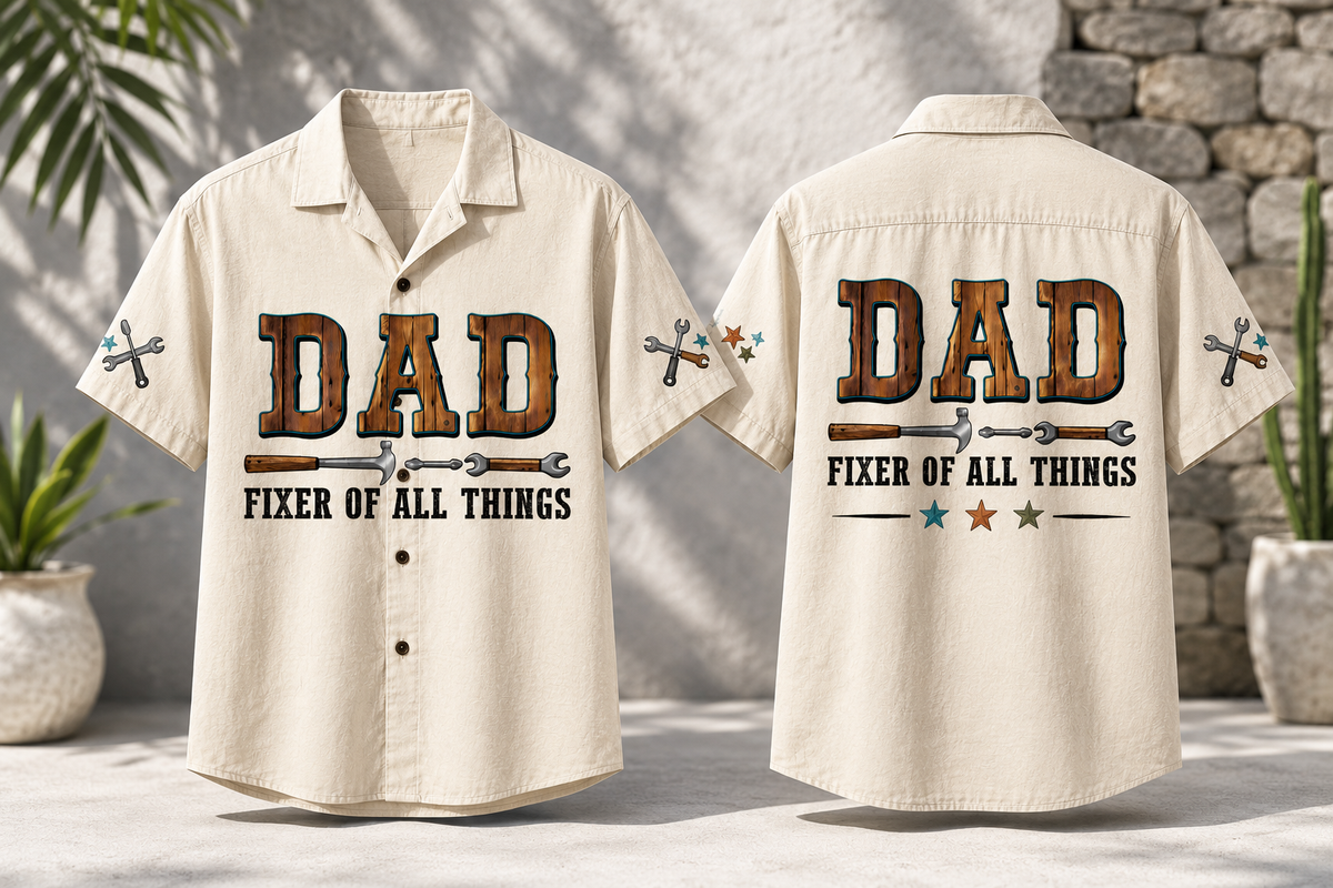 Dad Fixer Of All Things Father's Day Hawaiian Shirt, Tool Graphic Print Button Down, Lightweight Breathable Short Sleeve Summer Top
