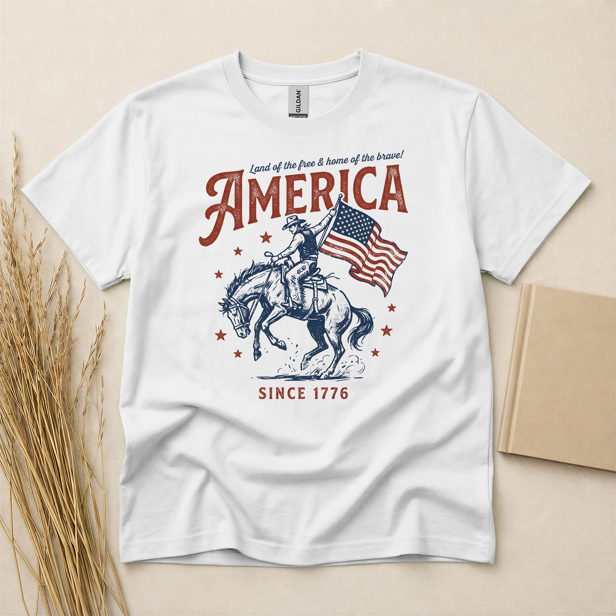 Patriotic USA Rodeo Graphic T-Shirt, American Flag Western Style Short Sleeve Basic Tee, Red White and Blue Country Graphic Shirt