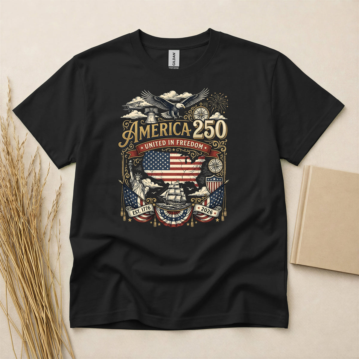 United In Freedom American Heritage T-Shirt, Patriotic Graphic Tee, Soft Short Sleeve Crew Neck Top, United States Flag Heritage Apparel