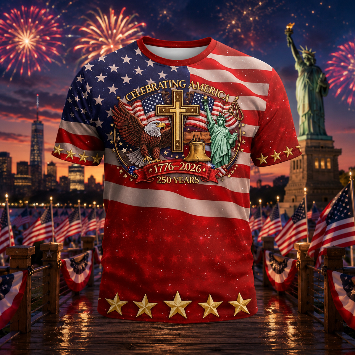 Celebrating America 250 Years Patriotic Christian Eagle T-Shirt, United States Semiquincentennial Anniversary Tee, Short Sleeve Graphic Top