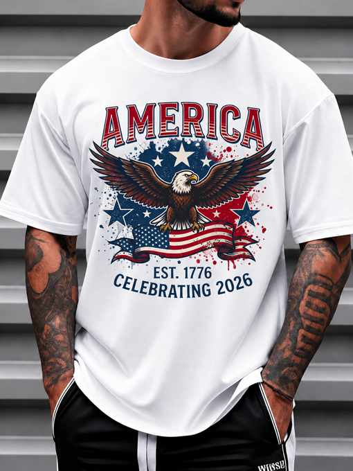 America Est. 1776 Celebrating 2026 Bald Eagle Patriotic USA T-Shirt - Lightweight Soft Cotton Men's Graphic Tee - United States Pride Shirt