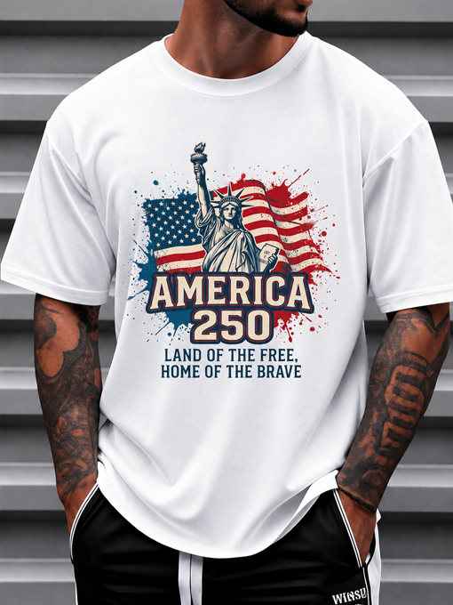 America 250 Land of the Free Home of the Brave Patriotic T-Shirt - Red White and Blue USA Independence Day Short Sleeve Graphic Tee
