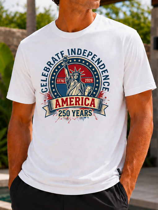 Celebrate Independence America 250 Years Statue of Liberty Patriotic T-Shirt, USA 1776-2026 Anniversary Commemorative Graphic Tee