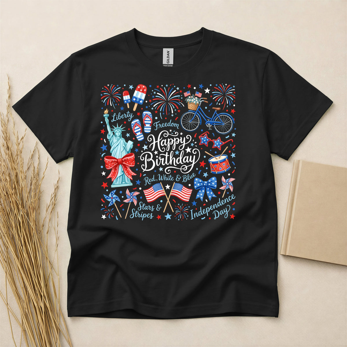 Happy Birthday America Red White Blue Independence Day T-Shirt Patriotic July 4th Graphic Tee Lightweight Breathable Soft Cotton Blend