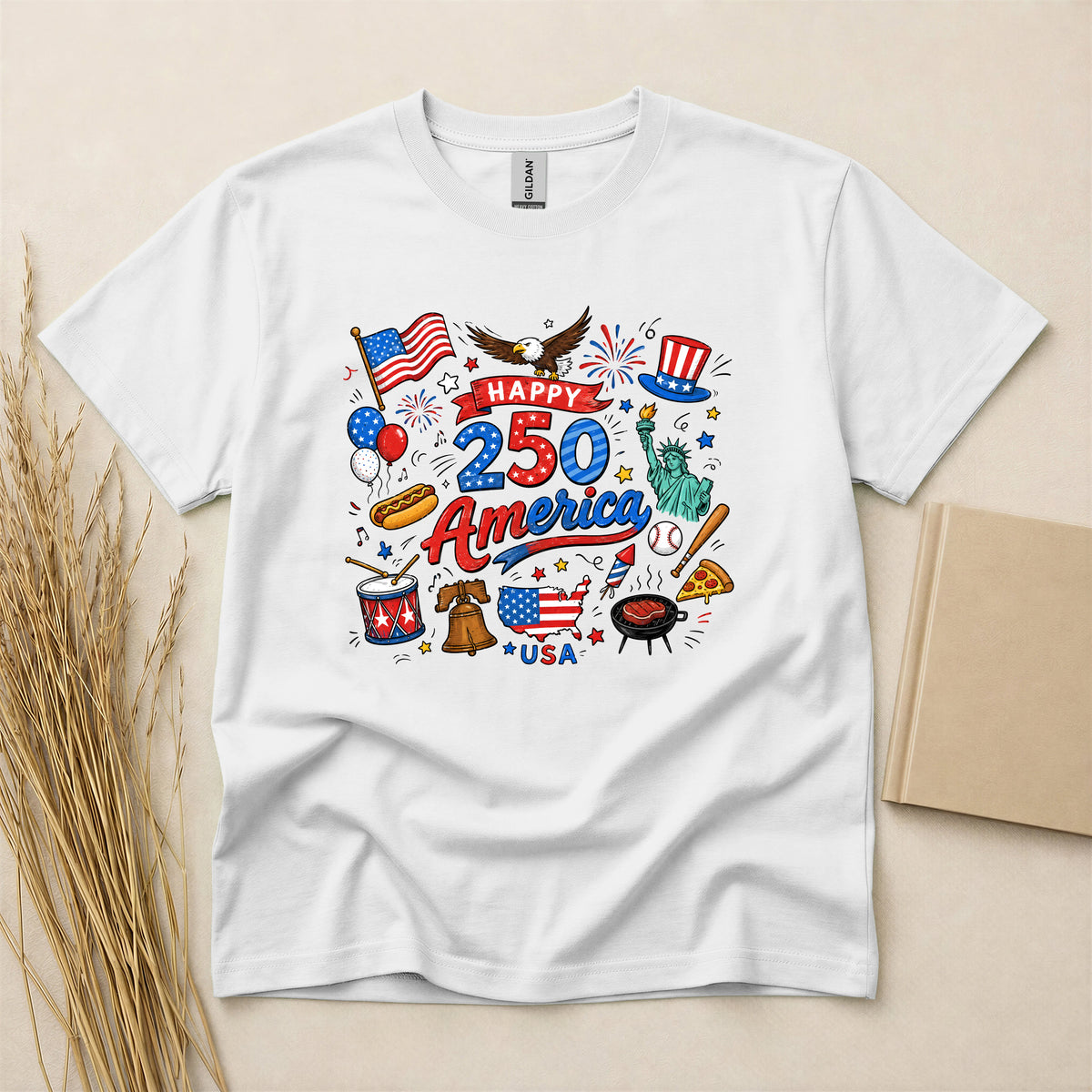 Happy 250 America USA Independence Day Patriotic Celebration Design T-Shirt Lightweight Breathable Cotton Short Sleeve Tee White