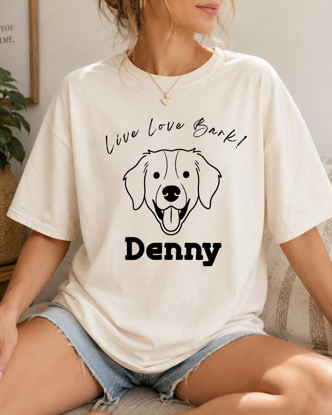 Personalized Live Love Bark Custom Dog Portrait and Name T-Shirt - Customizable Pet Lover Basic Tee with Graphic Print - Soft White Cotton