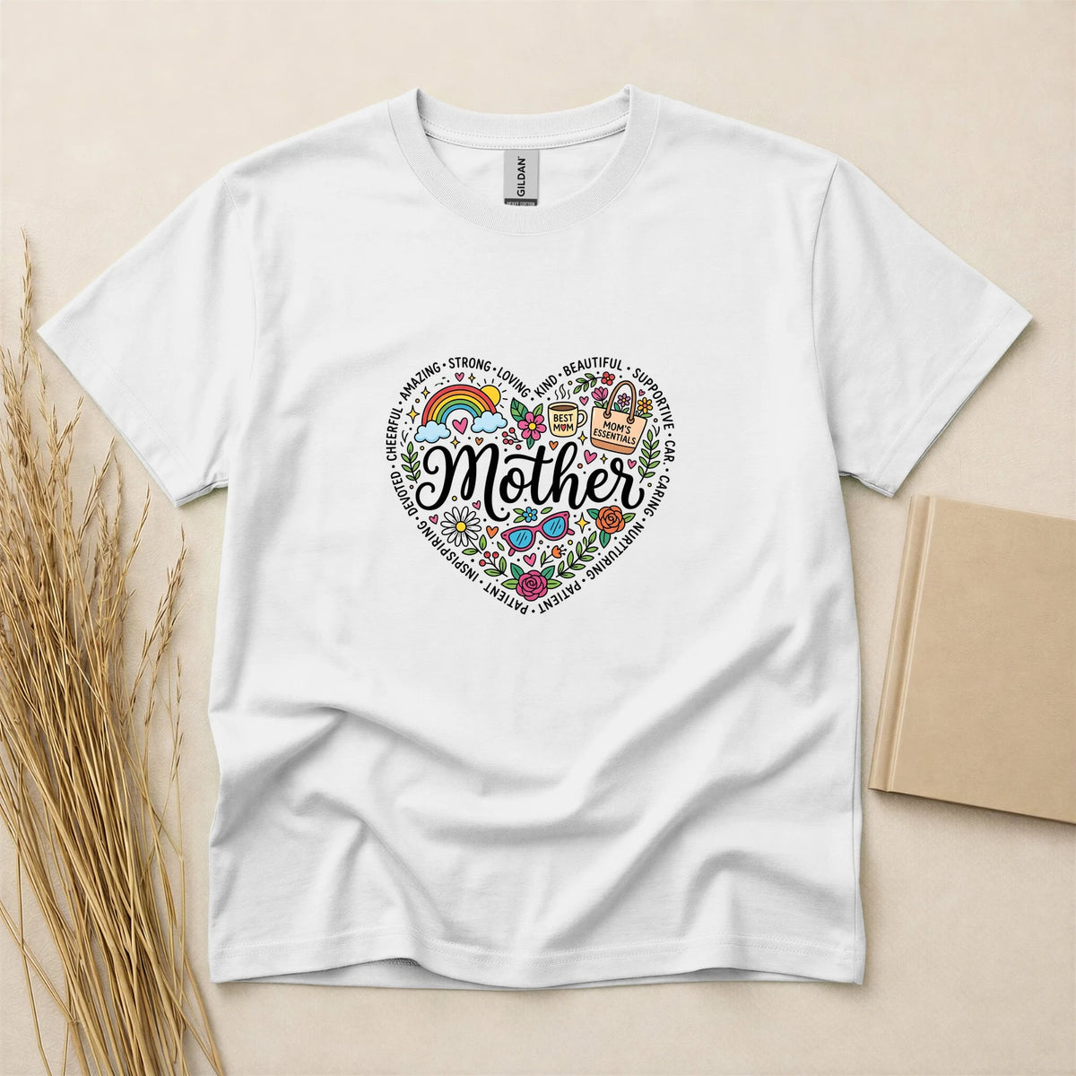 Mother Heart Doodle Art T-Shirt Colorful Floral Best Mom Graphic Tee Soft Breathable Cotton Lightweight Crewneck Short Sleeve Top