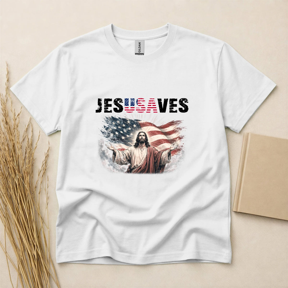 Jesus Saves USA Patriotic Christian Faith Design Basic Tee - Religious Graphic Short Sleeve Crew Neck T-Shirt for Men and Women
