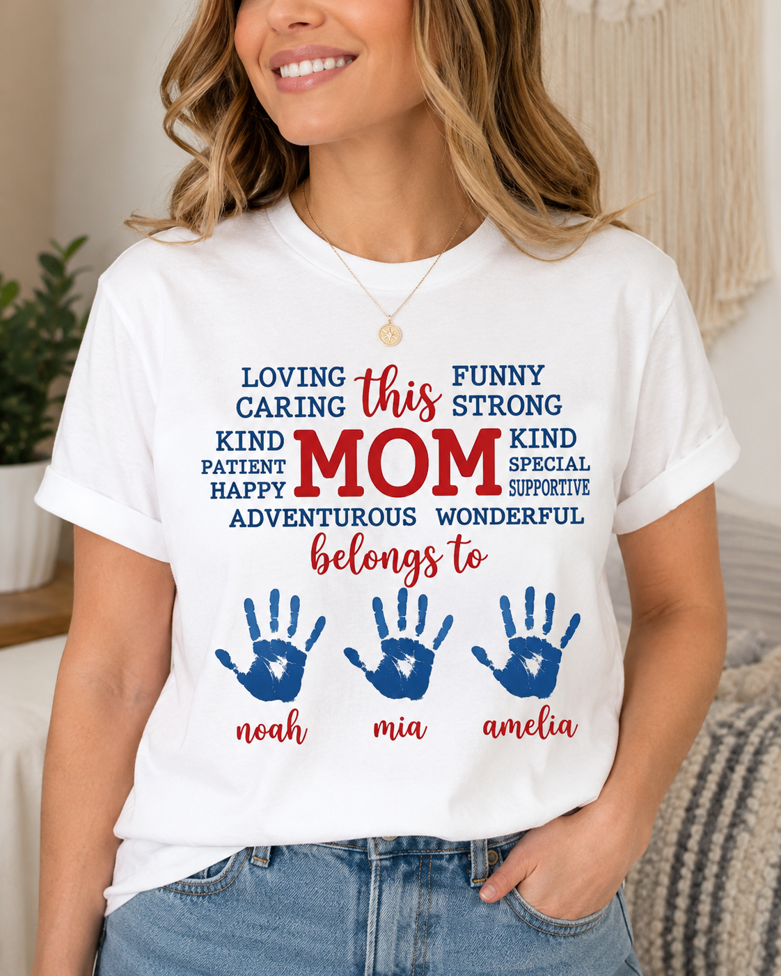 Personalized This Mom Belongs To Custom Kids Handprint Names T-Shirt Mother's Day Gift Lightweight Tee