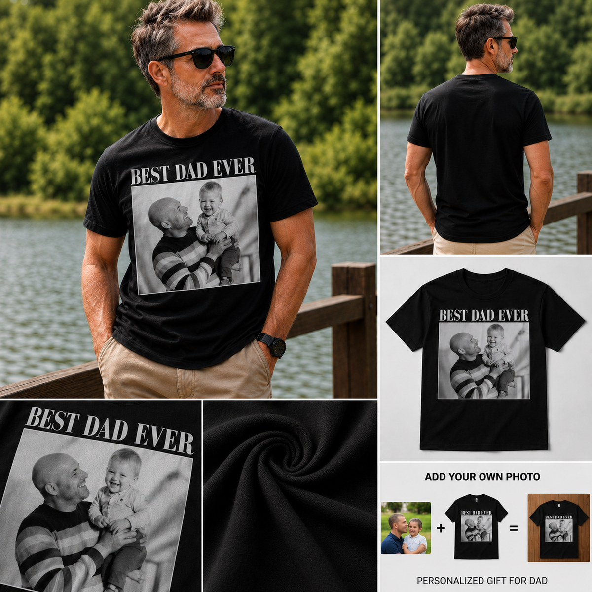 Custom Family Photo Father's Day T-Shirt, Personalized Picture Gift for Dad, Short Sleeve Basic Tee, Custom Portrait Top for Men