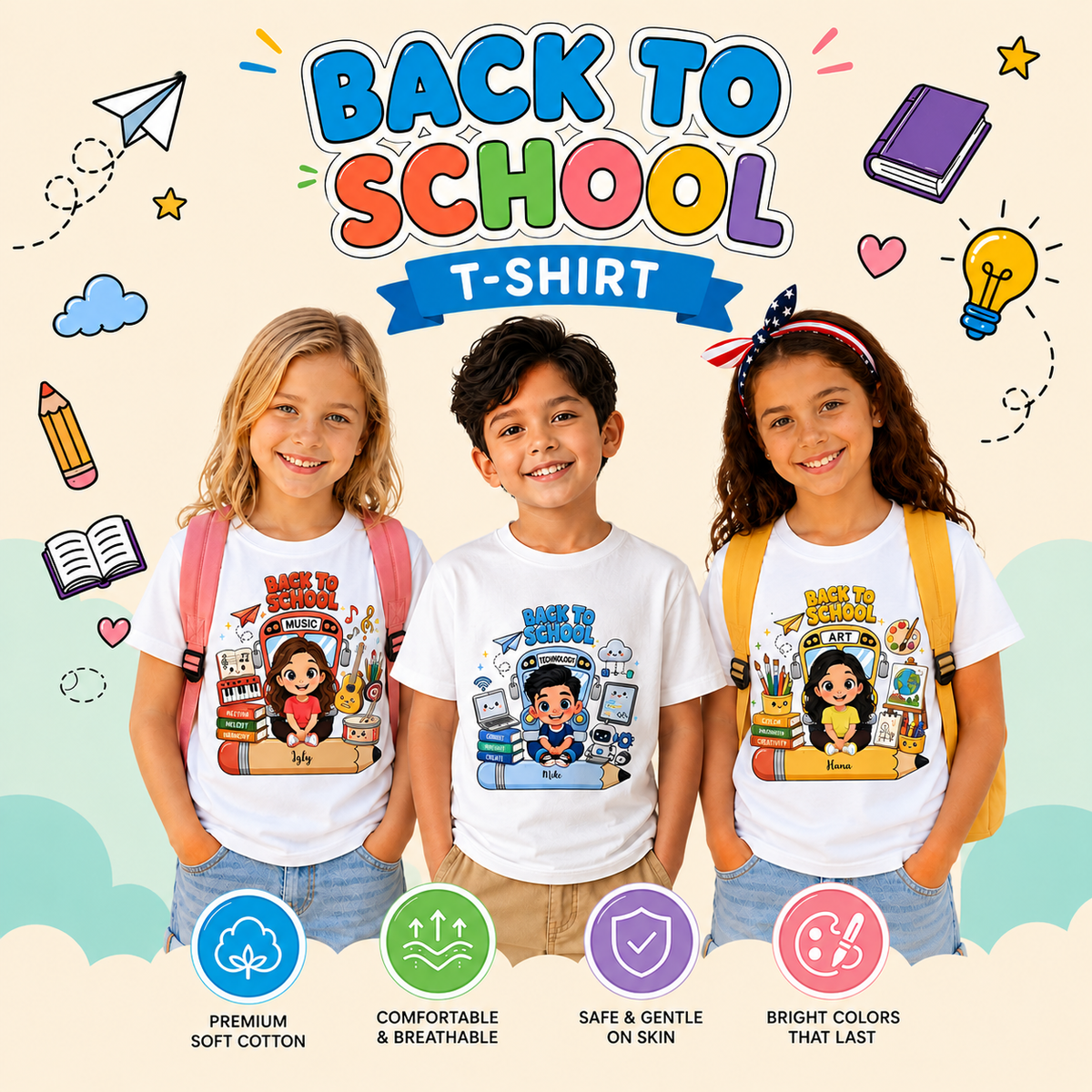 Back to School Kids T-Shirt Personalized Music & Art School Shirt Custom Name Youth Basic Tee Lightweight Breathable Cotton