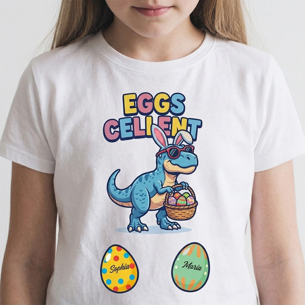 Personalized Eggs-cellent Dinosaur Easter T-Shirt for Kids Custom Name Easter Eggs Graphic Soft Cotton Tee White