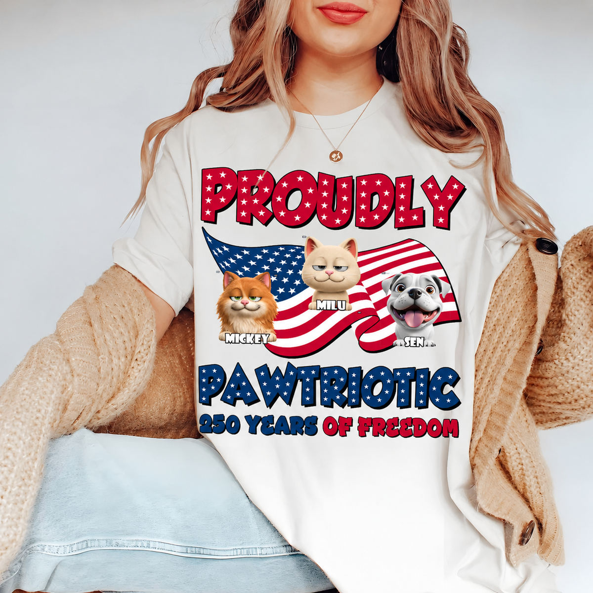 Proudly Patriotic 250 Years of Freedom Shirt, Personalized Cat and Dog Independence Day Tee, Custom Pet Name USA Flag T-Shirt, July 4th Gift