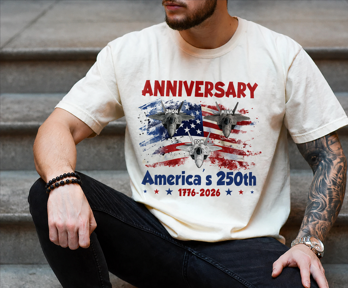 Personalized America 250th Anniversary Shirt 2026 Fighter Jet Patriotic USA Celebration T-Shirt Custom Names Independence Day Gift