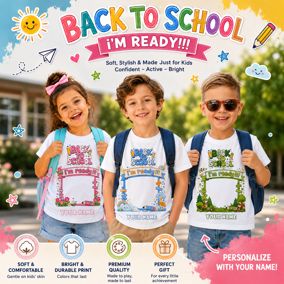 Personalized Back to School Sunflower Photo Frame Teacher Shirt Custom Name and Photo Print Youth Basic Tee Yellow Floral Design