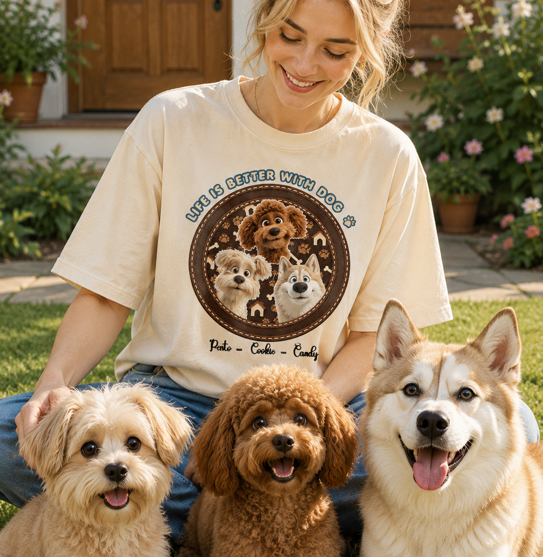 Personalized Dog Mom Gift Life Is Better With Dog Rustic Paw Pattern T-Shirt Custom Name Pet Lover Graphic Tee