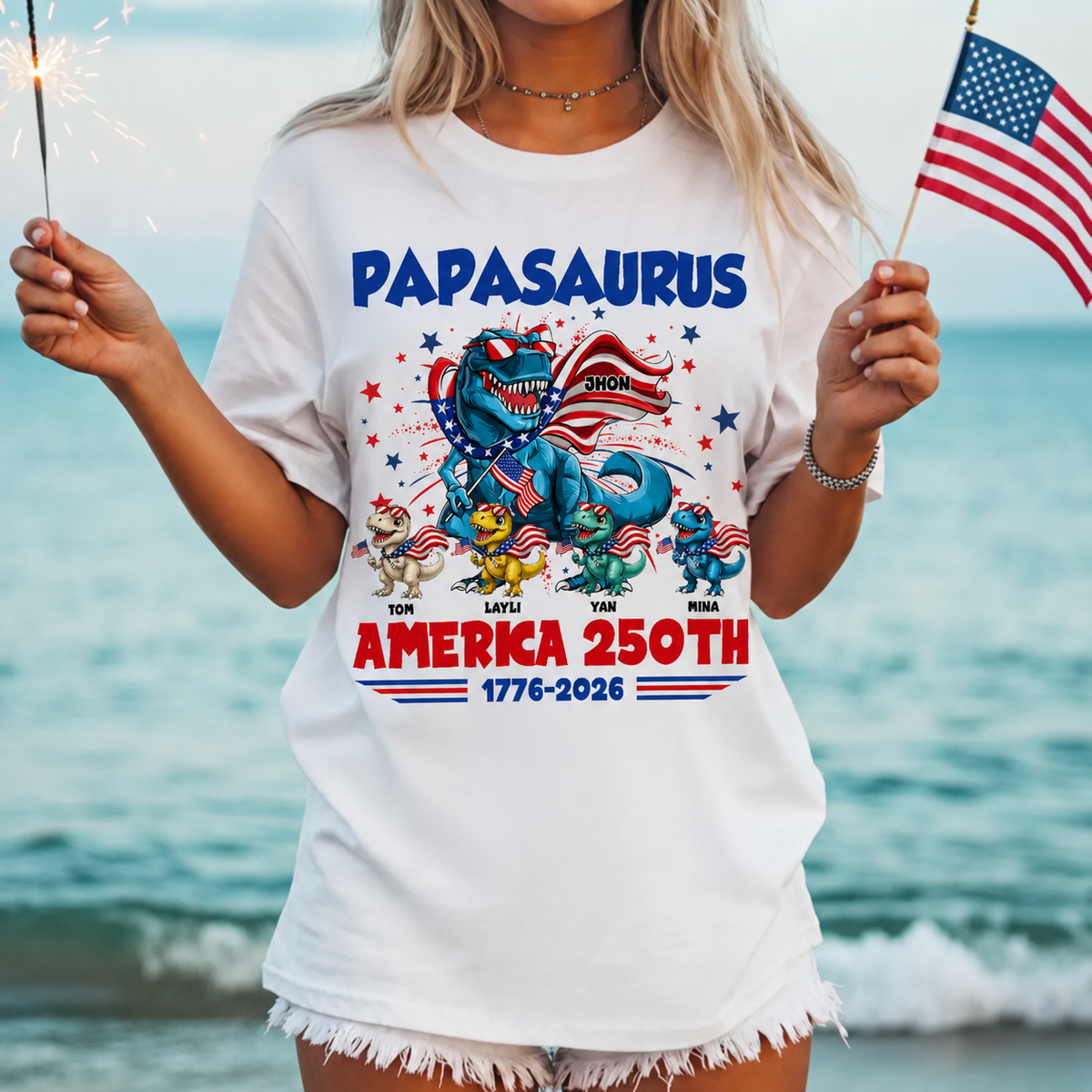 Personalized Dinosaur Family America 250th Anniversary Shirt Patriotic T-Rex Custom Name USA Independence Day Fourth of July Matching Tee