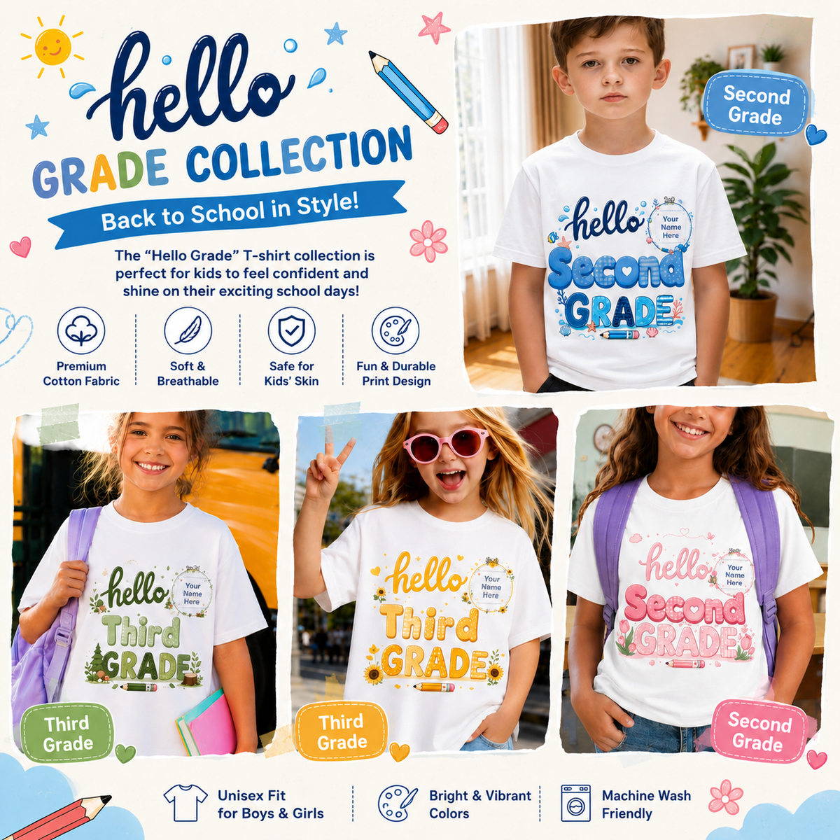 Personalized Hello Grade Kids T-Shirt Custom Back to School Shirt for Boys and Girls Youth Basic Tee Soft Breathable Graphic Top