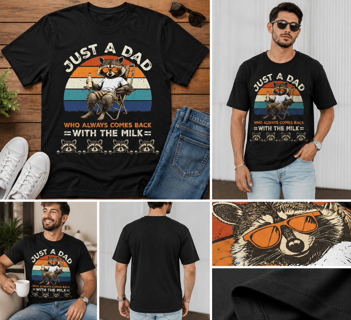 Personalized Just A Dad Who Always Comes Back With The Milk Shirt, Custom Kids Names Raccoon Family T-Shirt, Father's Day Gift