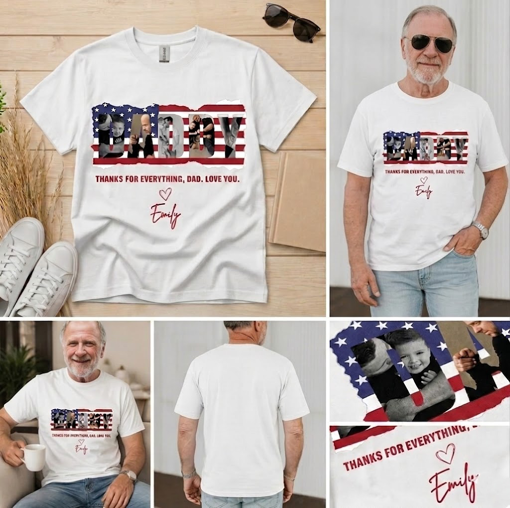 Personalized Daddy Photo American Flag T-Shirt Custom Picture Patriotic Graphic Tee Soft Breathable Lightweight Men Clothing