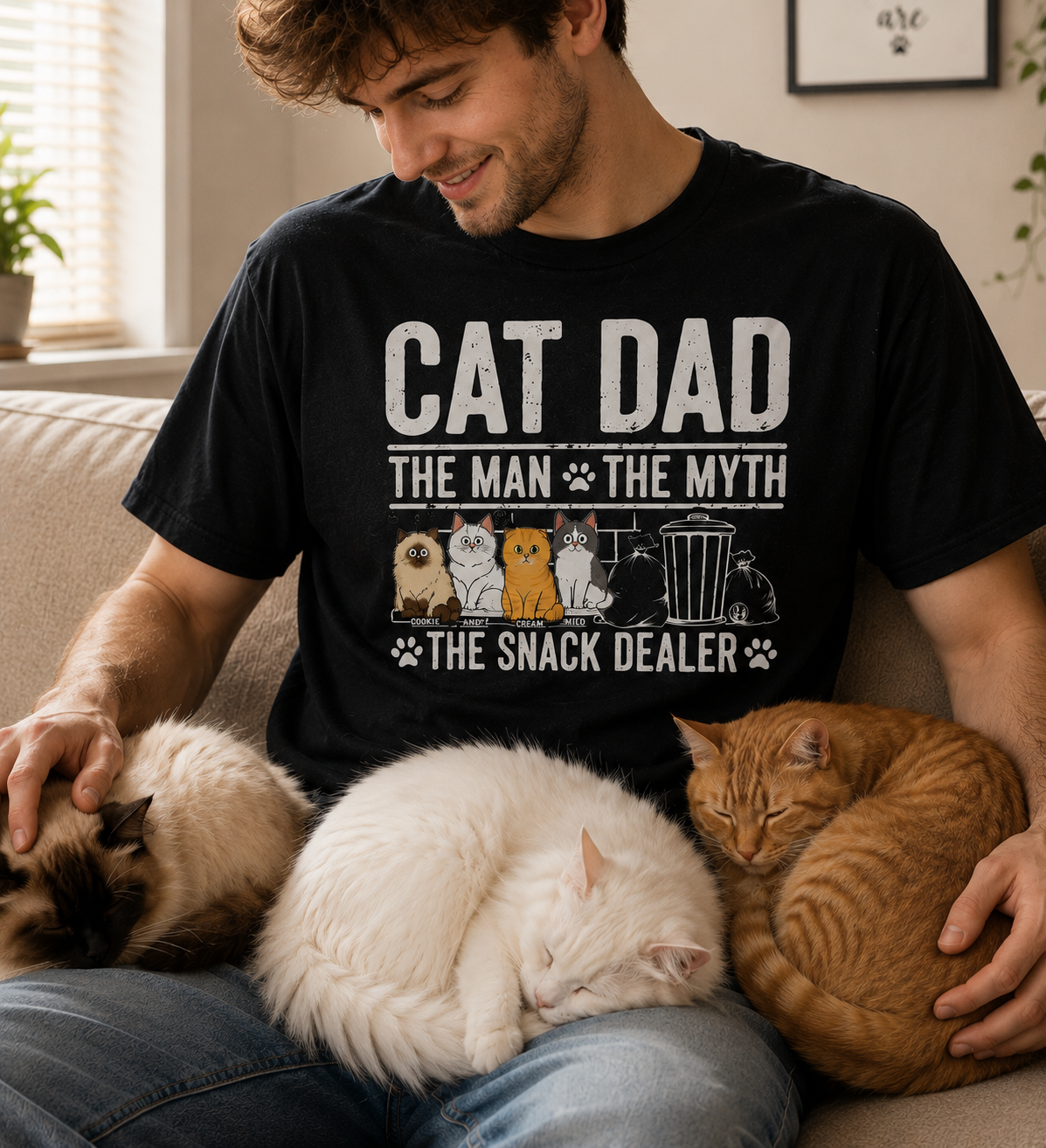 Personalized Cat Dad Custom Cat Breed and Name T-Shirt - Lightweight Breathable Cotton Blend Short Sleeve Tee