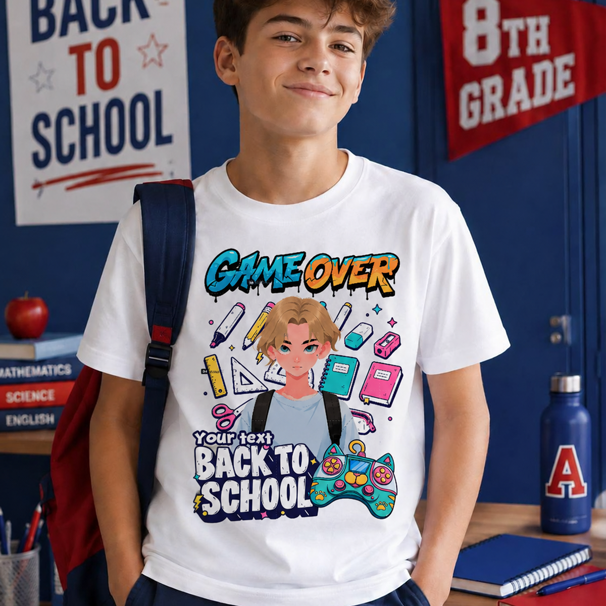 Game Over Back to School Personalized T-Shirt for Students, Custom Gamer Name Graphic Youth Basic Tee, Breathable Cotton Black Shirt