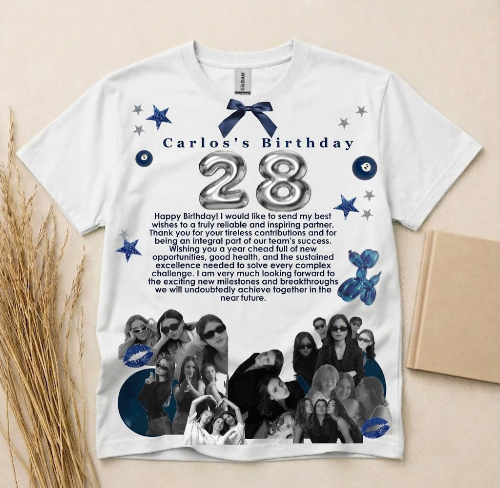 Personalized Birthday Tribute Team Photo T-Shirt Custom Picture Crew Neck Short Sleeve Cotton Basic Tee for Group Events