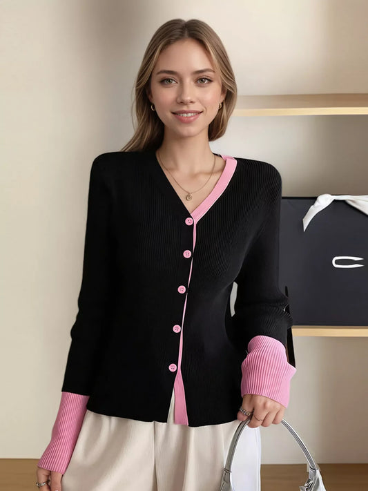 Contrast Trim Ribbed Knit Cardigan Model 9766