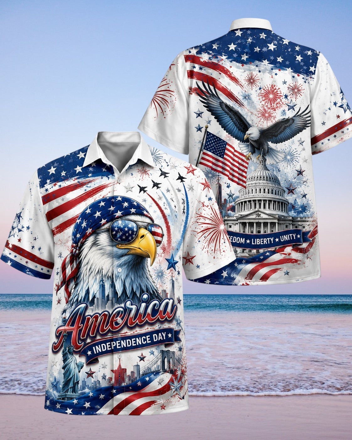 America Flag Hawaiian Shirt Patriotic Eagle Fourth of July Apparel Lightweight Breathable Short Sleeve Button Down Men's Summer Top