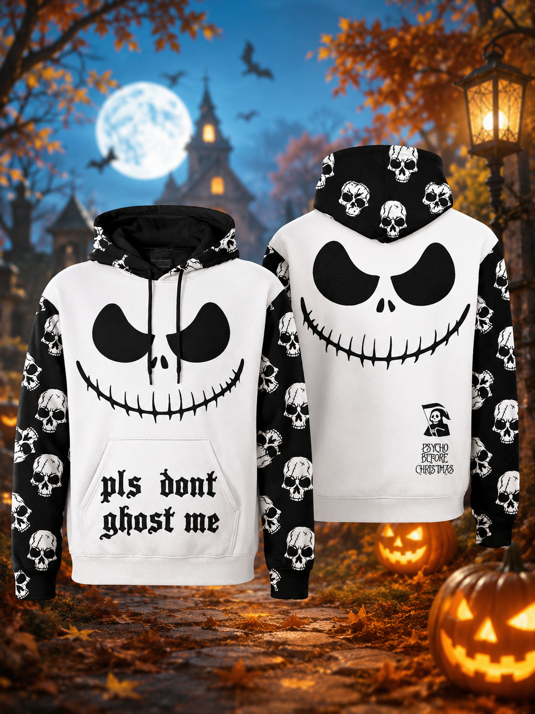 Psycho Before Christmas Hoodie Black Long Sleeve Pullover Sweatshirt with Drawstring Hood and Front Pocket