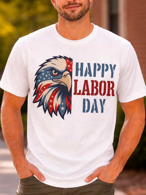 Happy Labor Day Eagle Patriotic T-Shirt - American Flag Bald Eagle Graphic Tee - Soft Cotton Navy Blue Unisex Short Sleeve Top