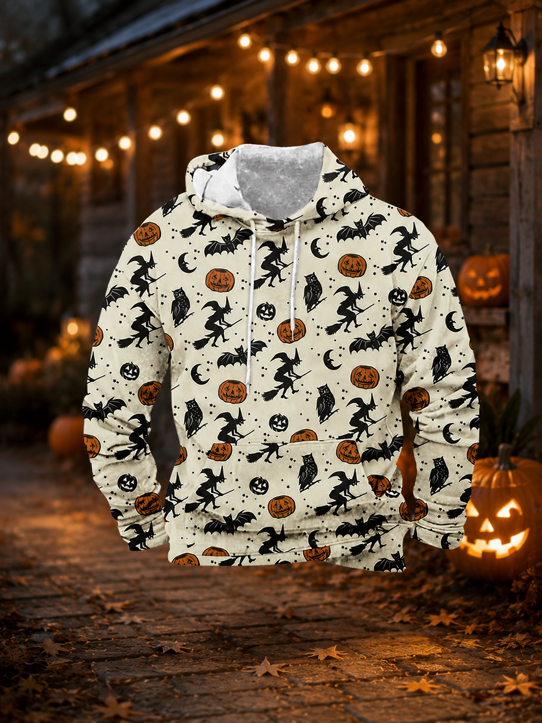 Spooky Halloween Pattern Graphic Hoodie - Black Festive Pullover with White Ghost and Pumpkin Print All-Over Graphic Design