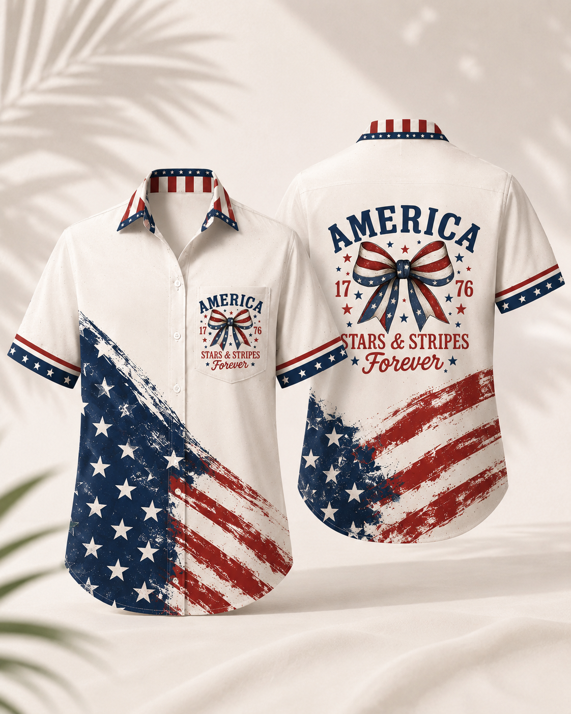 Women's Patriotic Hawaiian Shirt - American Flag Print Button Down Short Sleeve Blouse for July 4th Independence Day Celebrations