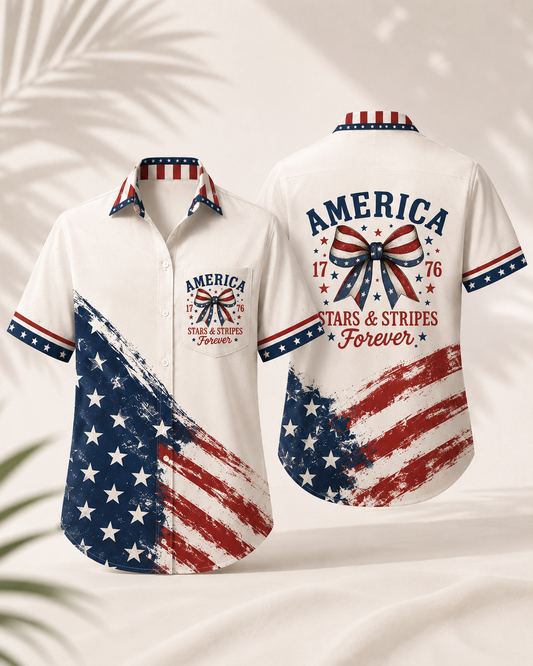 Women's Patriotic Hawaiian Shirt - American Flag Print Button Down Short Sleeve Blouse for July 4th Independence Day Celebrations