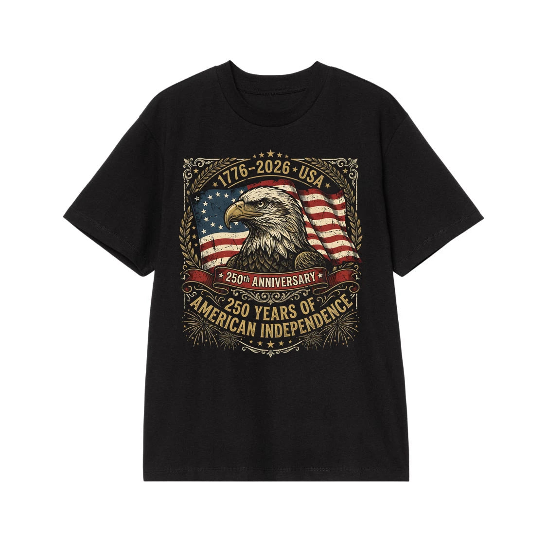 Vintage American Independence 250 Years T-Shirt Patriotic Graphic Tee 1776-2026 Semi-Fitted Short Sleeve Commemorative Basic Tee