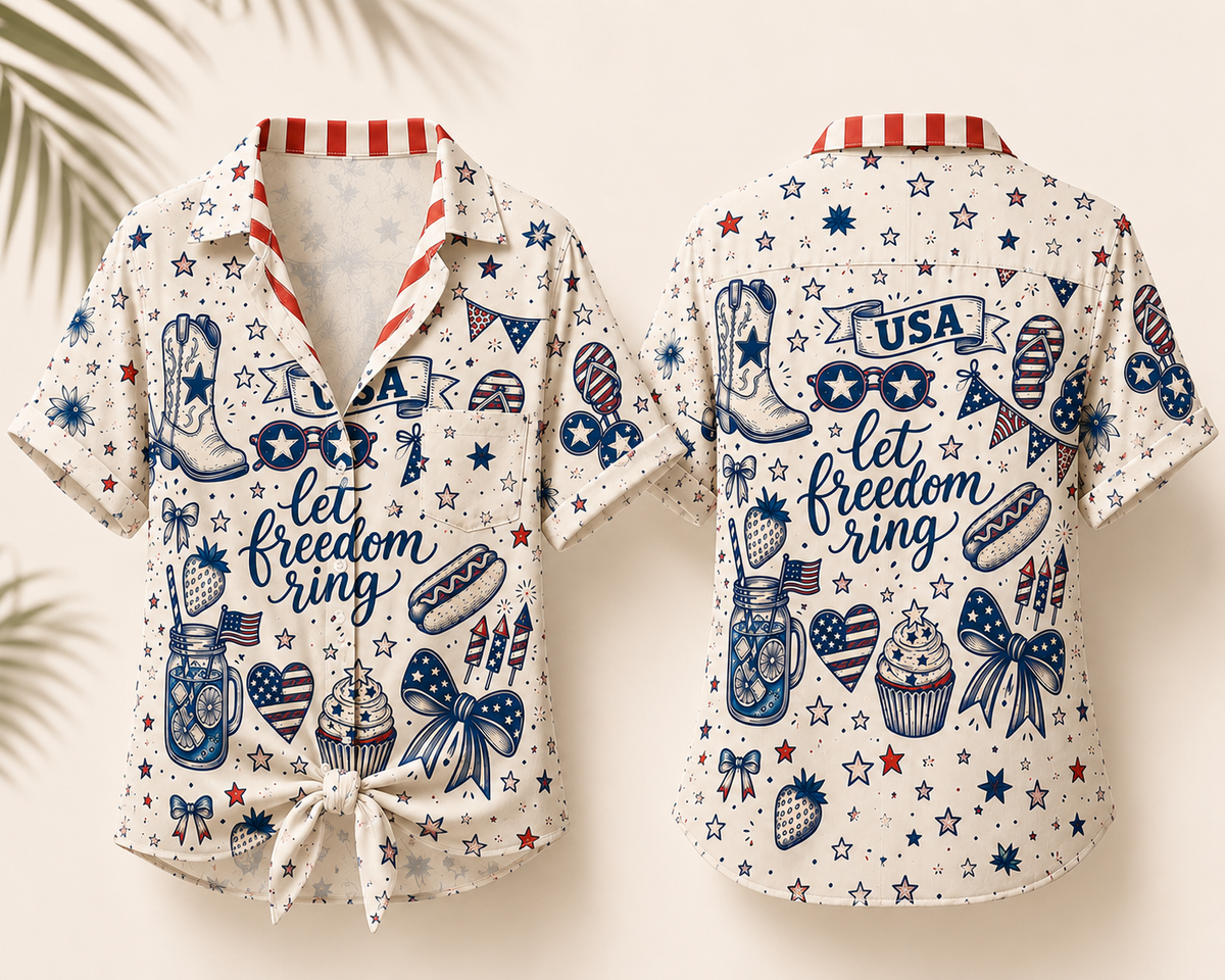 Womens Fourth Of July Hawaiian Shirt With Americana Vibes, Red White and Blue Patriotic Button Up Short Sleeve Summer Top