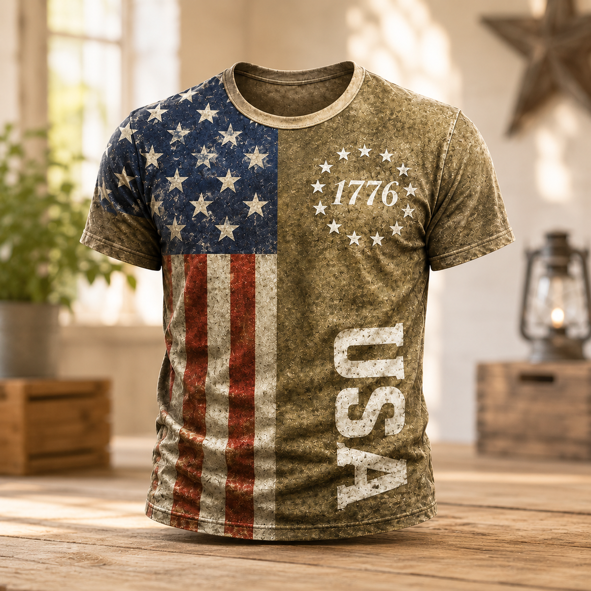 Vintage USA Flag Patriotic Graphic T-Shirt - Lightweight Cotton Blend Athletic Grey Tee with Distressed American Flag Print