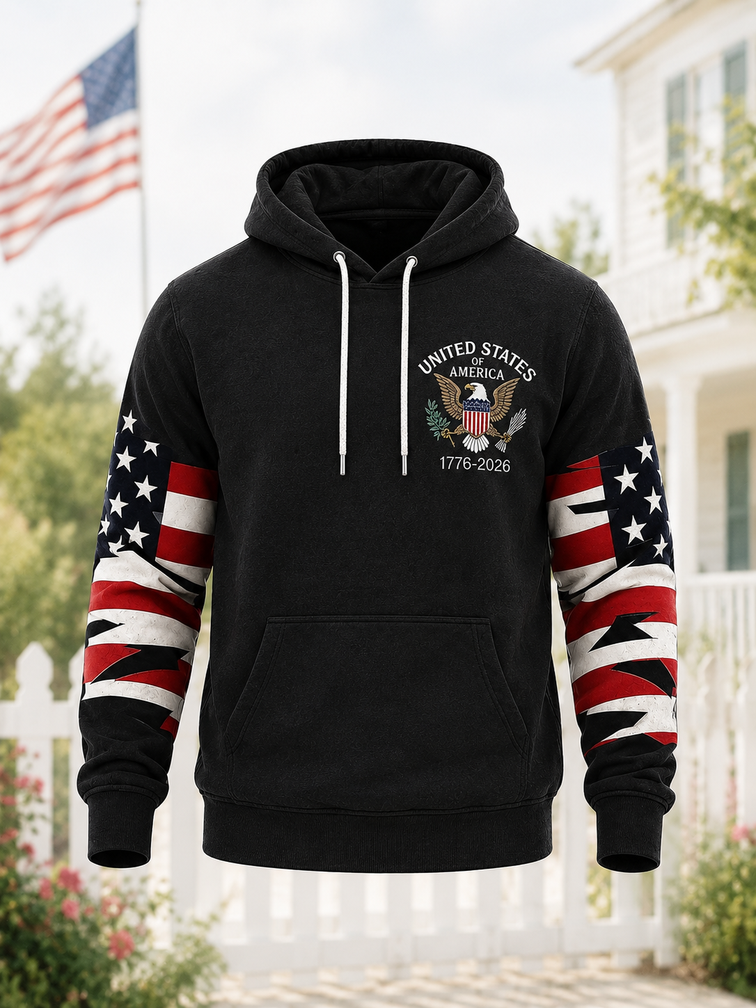 United States Patriotic Eagle Graphic Hoodie - American Flag Red White and Blue USA Shield Print - Soft Fleece Pullover