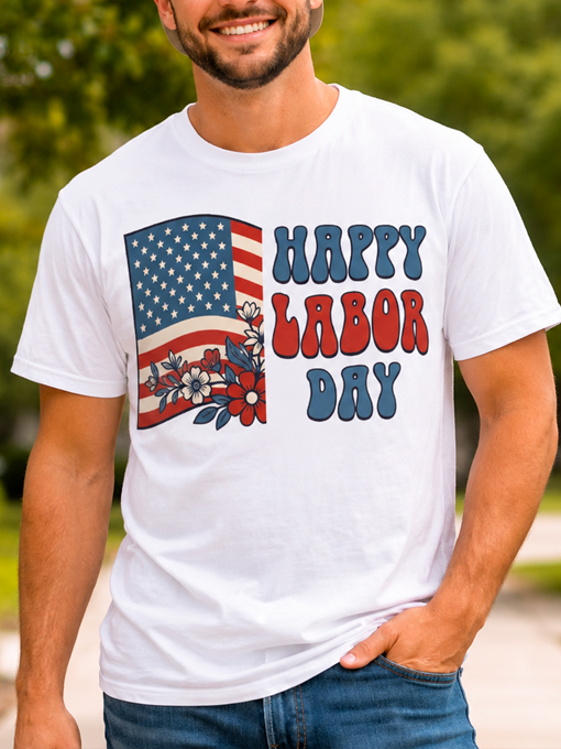 Happy Labor Day American Flag Floral T-Shirt Patriotic Retro Labor Day Graphic Tee Red White Blue USA Holiday Top