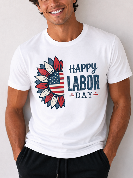 Happy Labor Day Sunflower Patriotic T-Shirt - American Flag Floral Graphic Tee - Short Sleeve Crew Neck