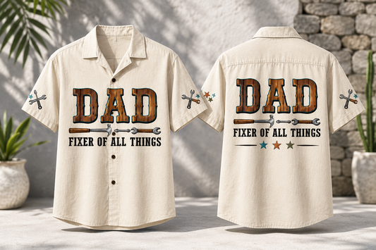 Dad Fixer Of All Things Father's Day Hawaiian Shirt, Tool Graphic Print Button Down, Lightweight Breathable Short Sleeve Summer Top
