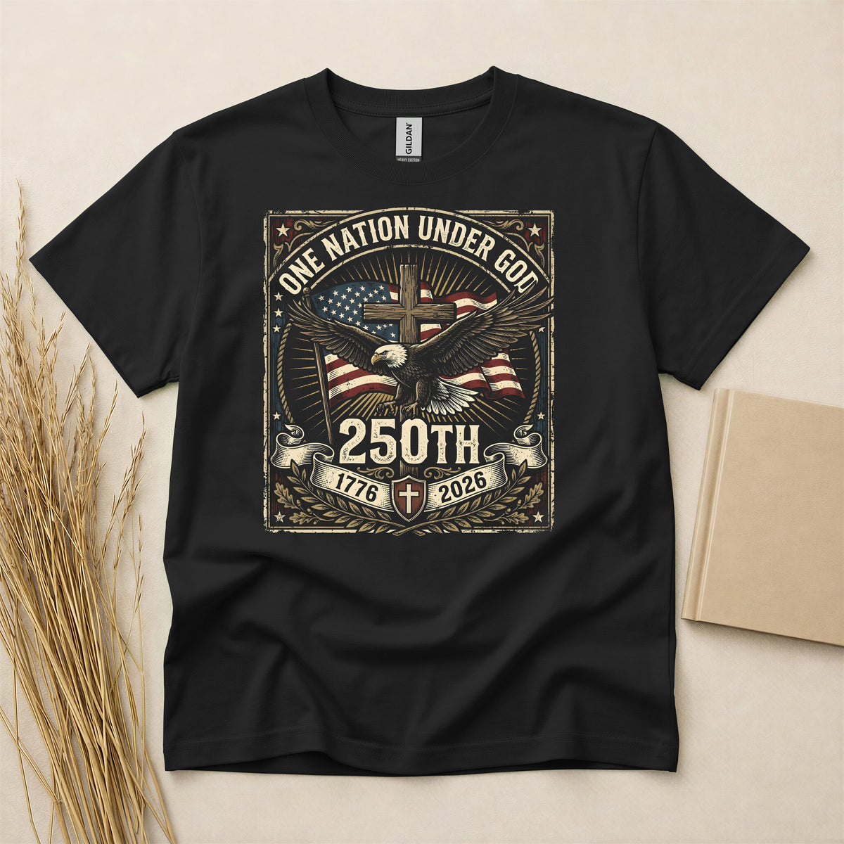 One Nation Under God Patriotic T-Shirt - American Flag Graphic Short Sleeve Cotton Tee - Navy Blue Religious Apparel