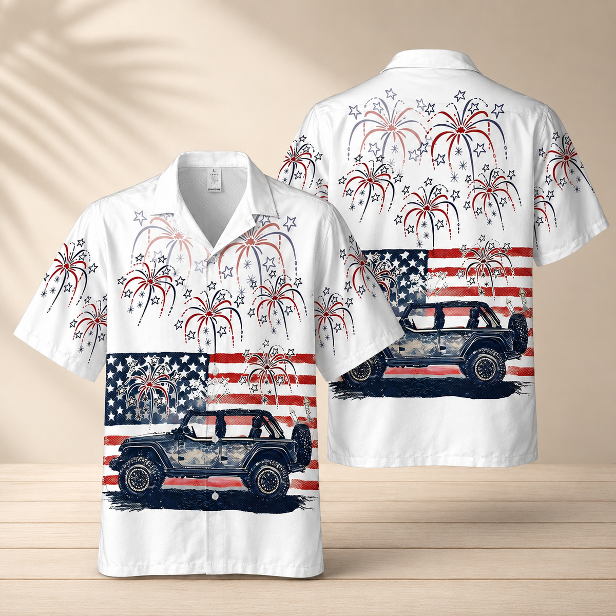 American Pride Jeep Hawaiian Shirt For Independence Day Fourth of July Patriotic Red White and Blue Short Sleeve Button Up Casual Shirt
