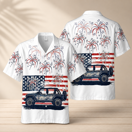 American Pride Jeep Hawaiian Shirt For Independence Day Fourth of July Patriotic Red White and Blue Short Sleeve Button Up Casual Shirt