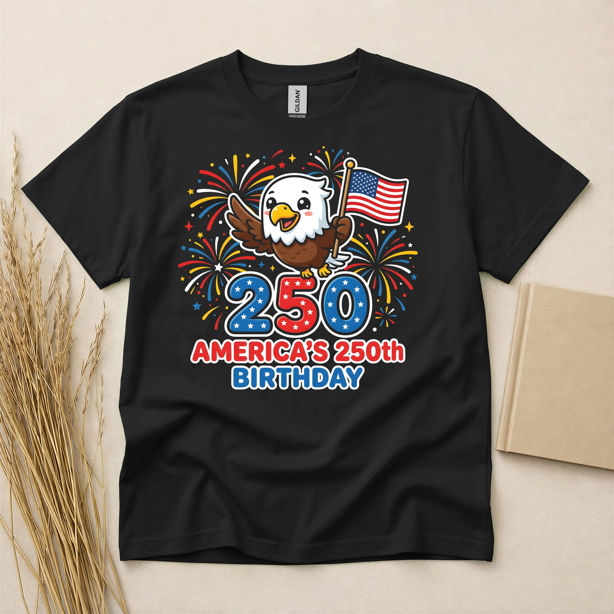 America 250th Birthday Patriotic Eagle Fireworks T-Shirt - Red White and Blue Independence Day Short Sleeve Graphic Tee for Men and Women