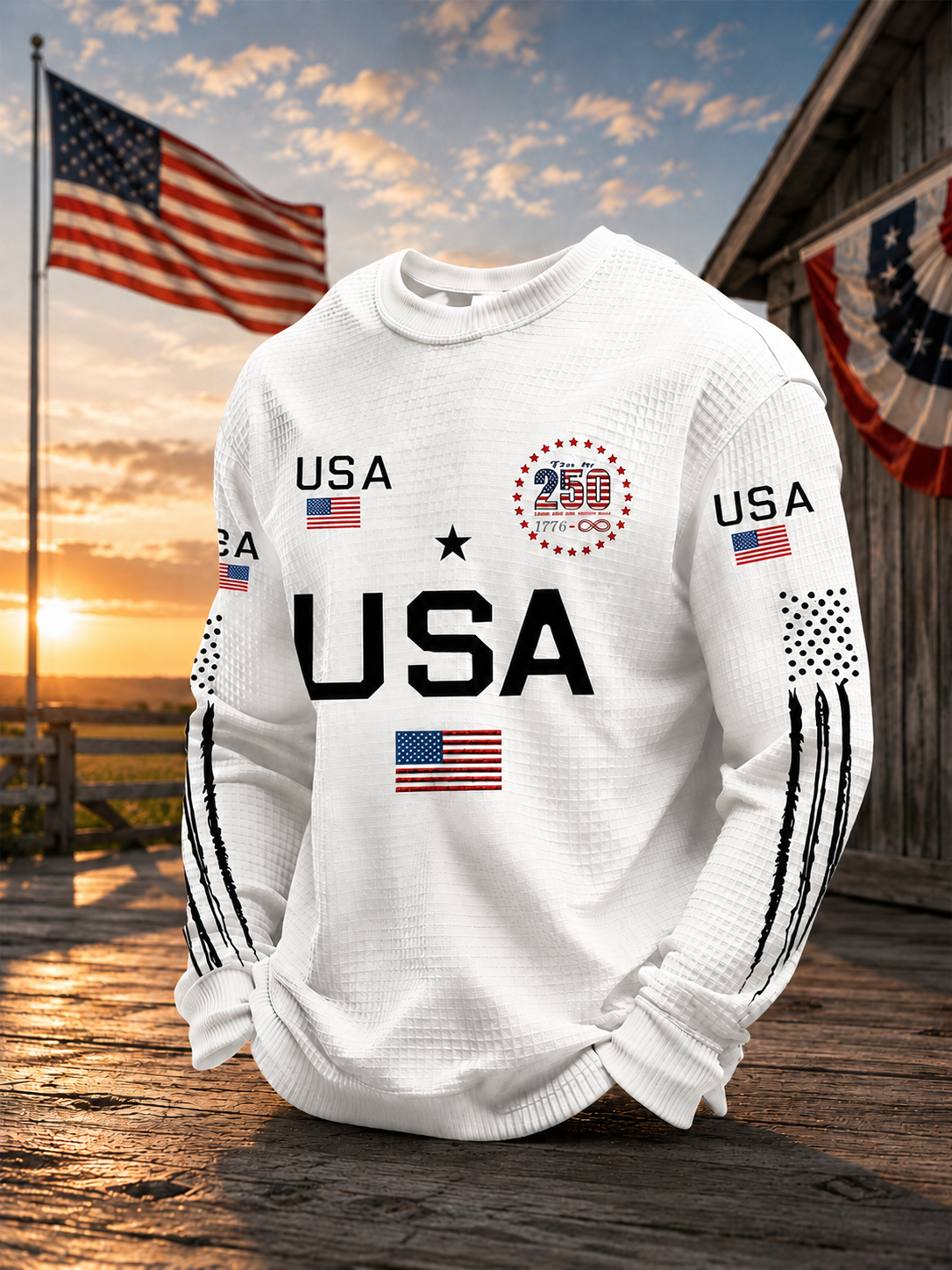 USA 250th Anniversary Patriotic Graphic Sweatshirt Unisex Long Sleeve Crewneck Pullover Red White and Blue Stars and Stripes