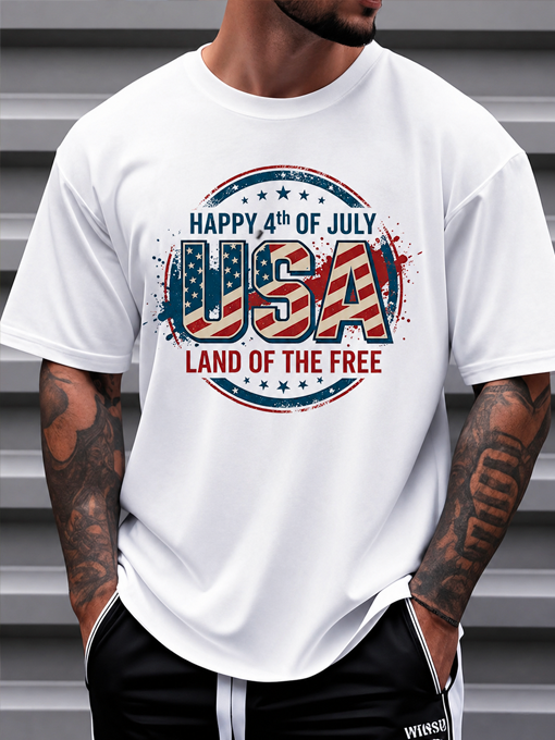 Happy 4th Of July USA Land Of The Free Patriotic Independence Day T-Shirt, Soft Cotton Unisex Short Sleeve Tee, Red White Blue Graphic